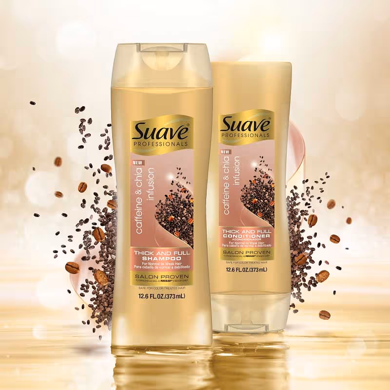 شامپو ضخیم کننده کافئین و دانه چیا سواو suave